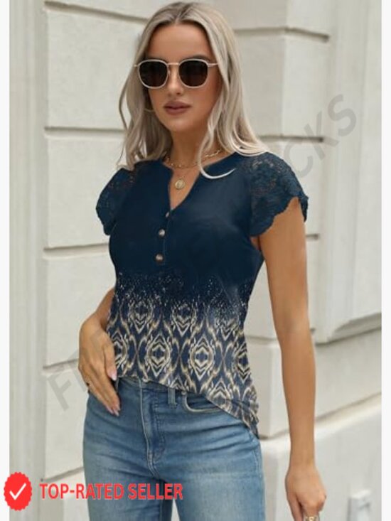 Lace Cap Sleeve V-Neck Button Down Tank Top Loose Fit Boho Summer Blouse - Picture 3 of 4